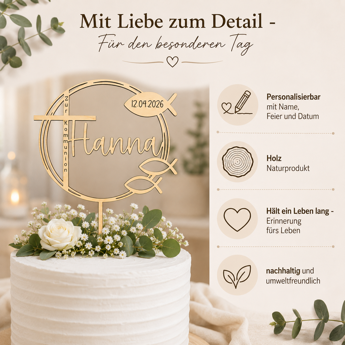 Personalisierter Tortenstecker Taufe Kommunion Konfirmation