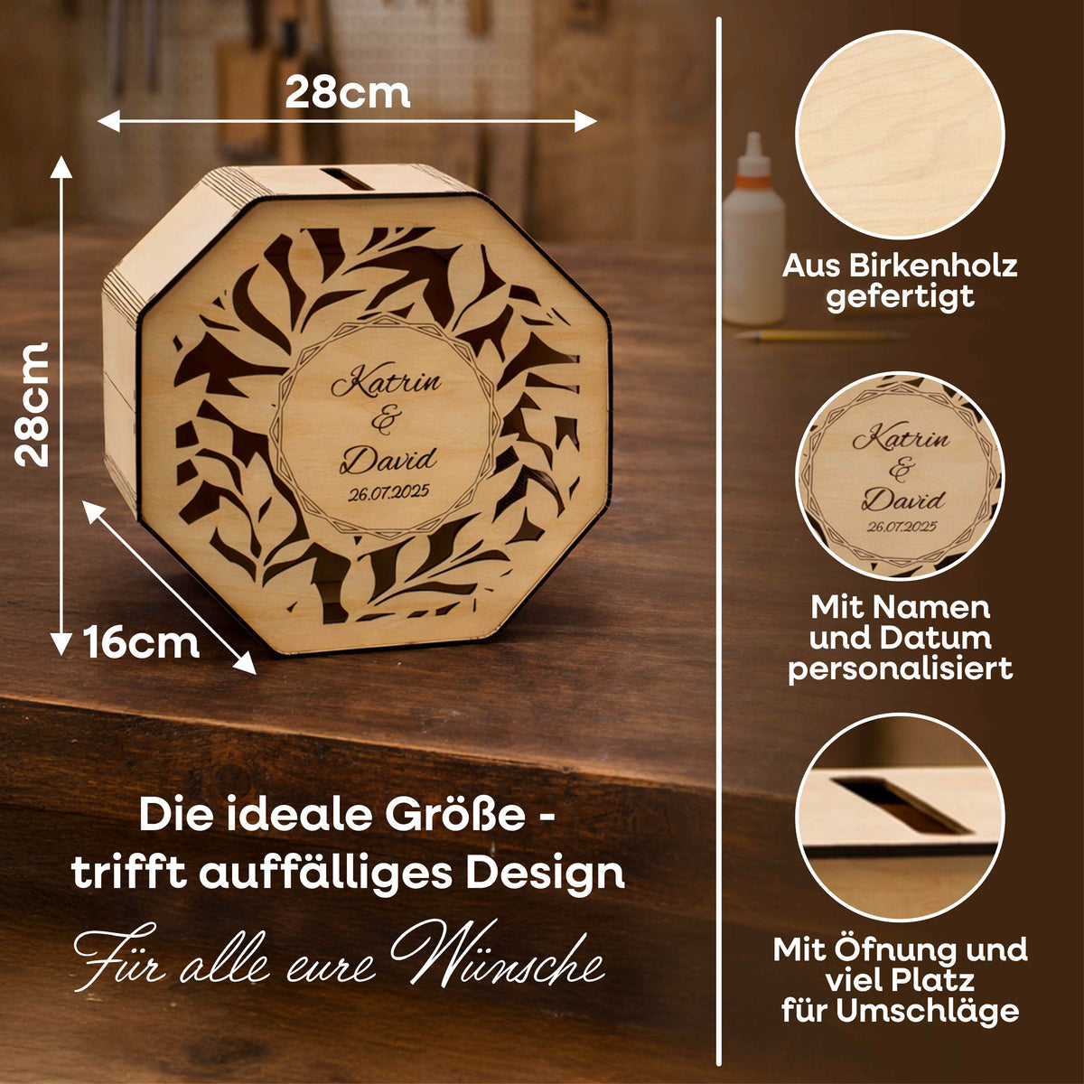 Personalisierte Kartenbox Hochzeit aus Holz mit Gravur