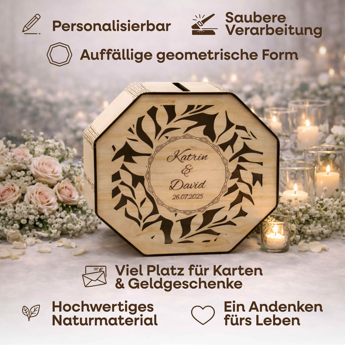 Personalisierte Kartenbox Hochzeit aus Holz mit Gravur