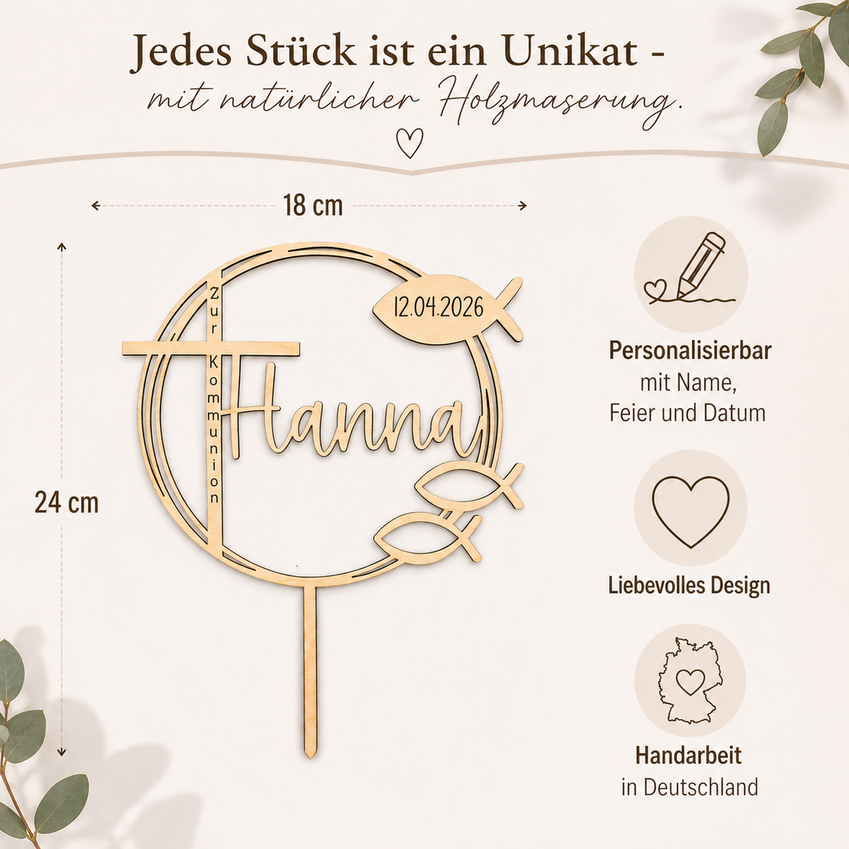 Personalisierter Tortenstecker Taufe Kommunion Konfirmation