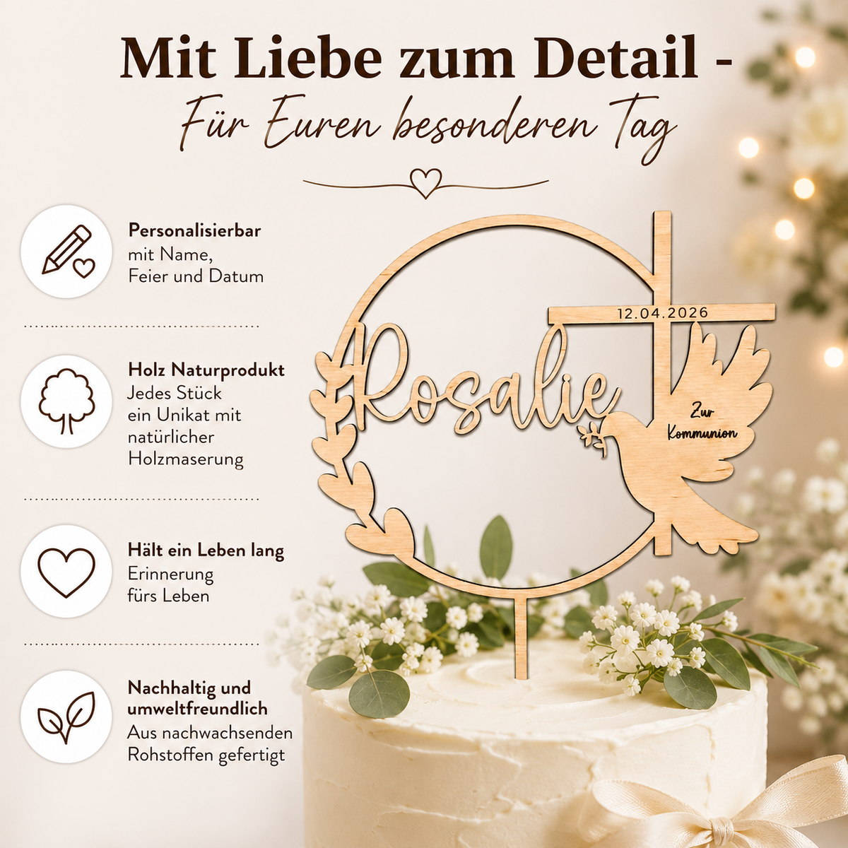 Personalisierter Tortenstecker zur Taufe, Kommunion, Konfirmation & Firmung