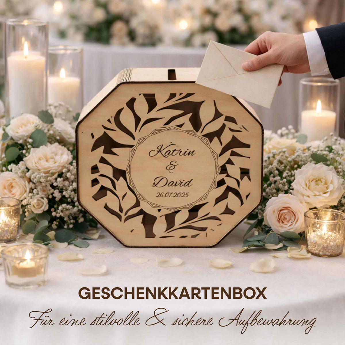 Personalisierte Kartenbox Hochzeit aus Holz mit Gravur